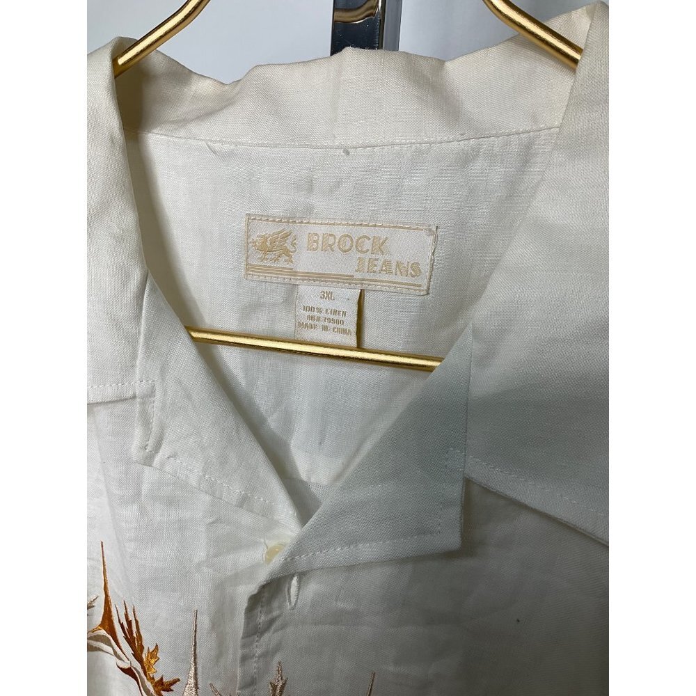 3xl Brock Jeans Beige Embroidered Leaf Linen Shirt Mens - Picture 4 of 7